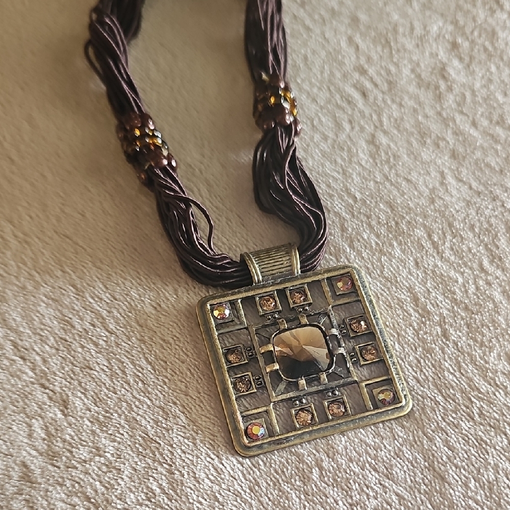 Vintage Brown And Bronze Square Pendant Necklace